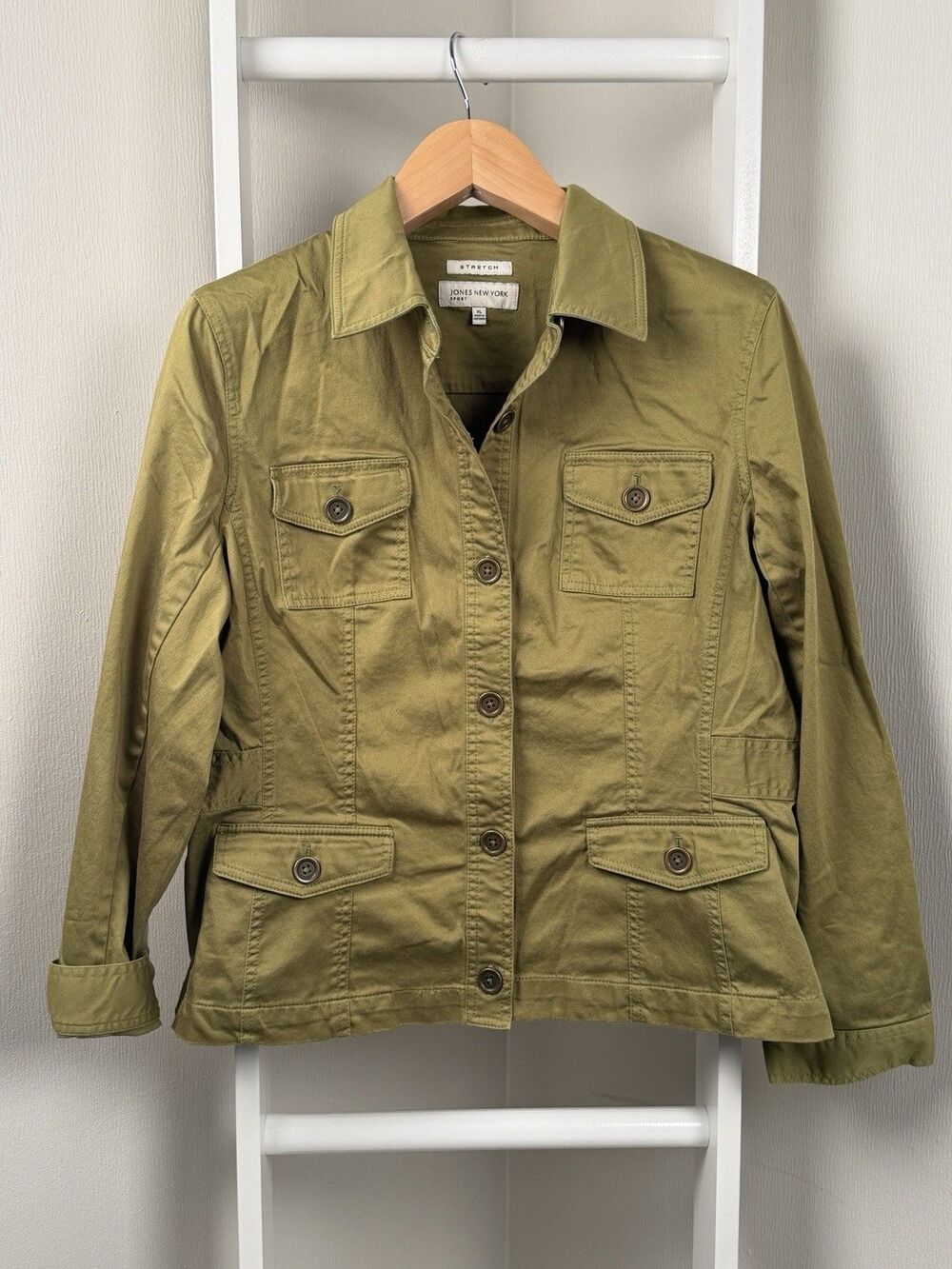 Jones New York Sport Twill Jacket Women's XL Green Sateen Button Front Unlined